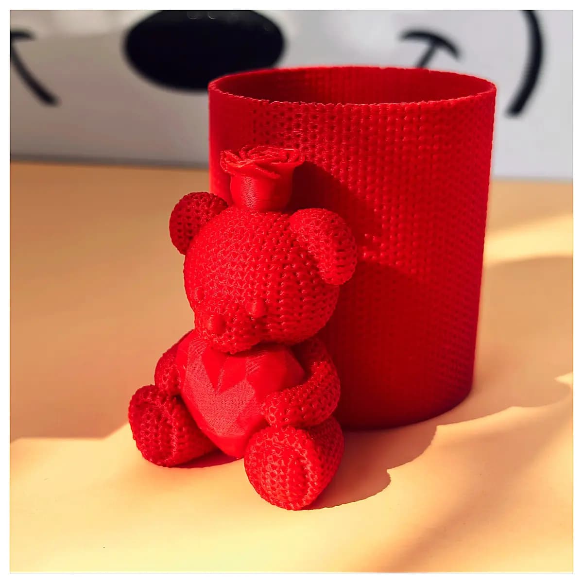 Rose Knitted Bear Pencil Holder Cute Plush Desk Organizer Study Decoration Student Gift Cartoon Figurine Creative Storage