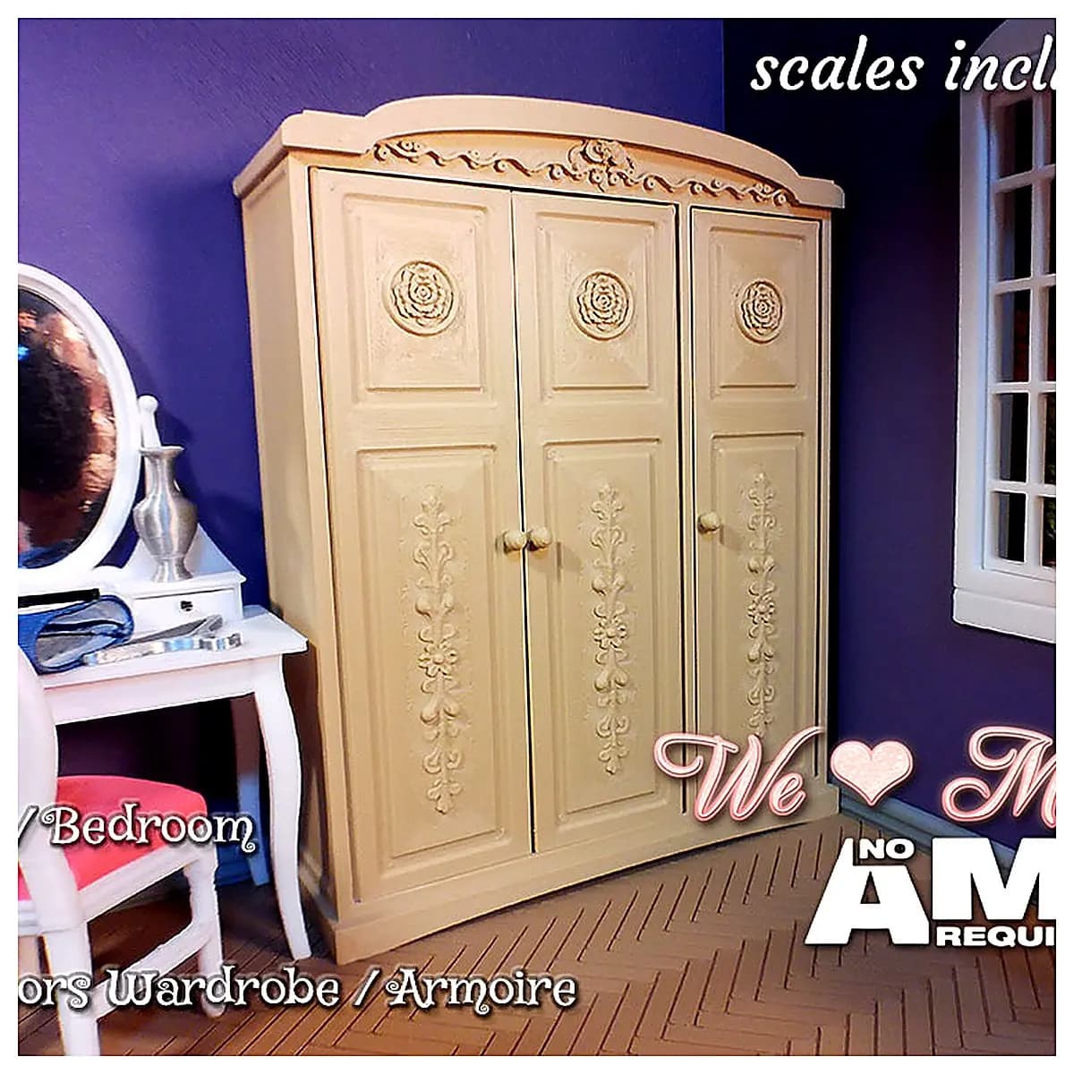 Dollhouse Wardrobe Large Closet Toy Cabinet Doll Furniture 3 Door Closet Toy Accessories Doll Collection Scene Decoration Dollhouse Supplies