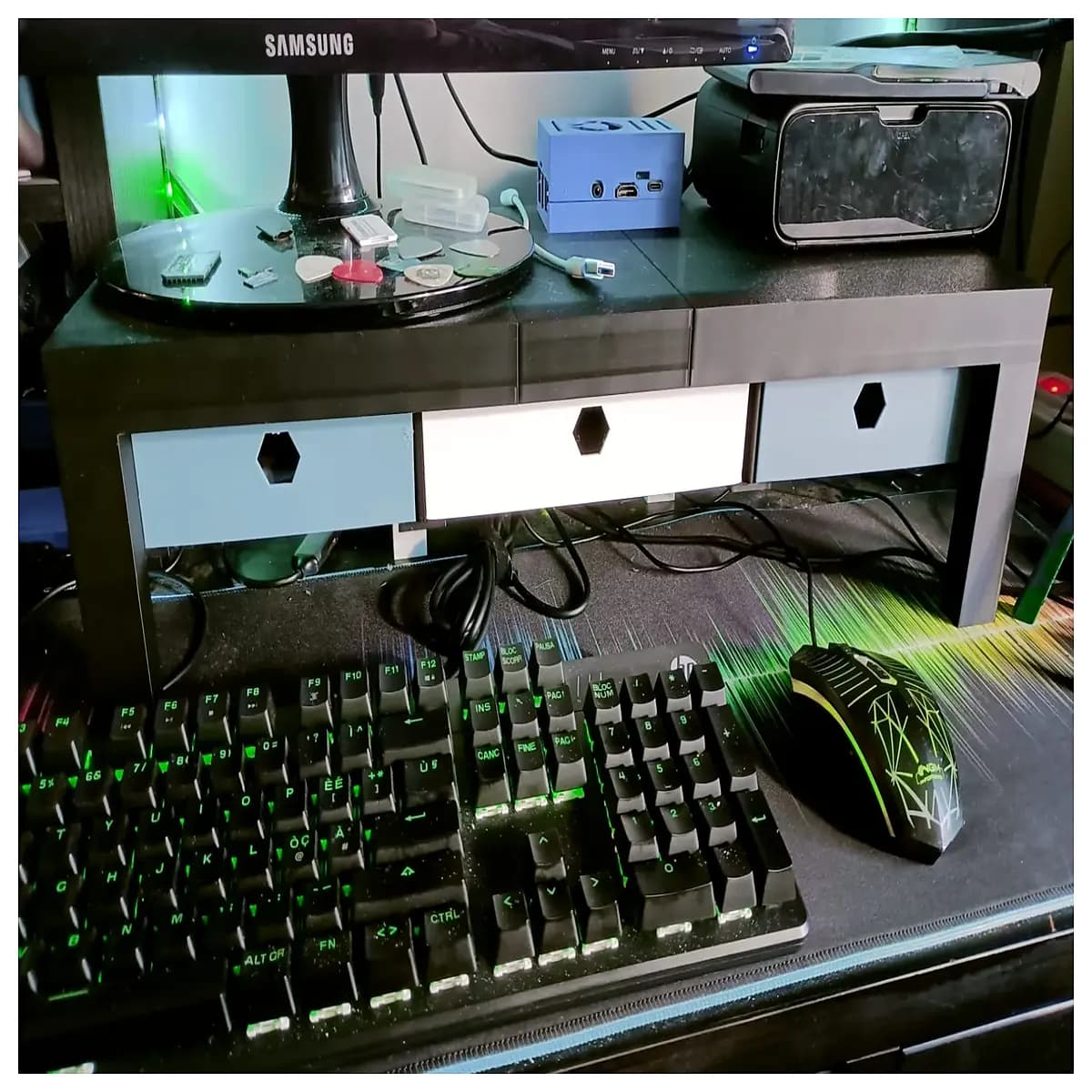 monitor with drawers and storage expansion shelf for desk organization cable management