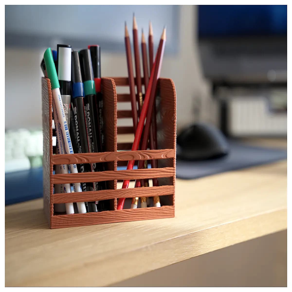wood grain desk organizer pen holder storage box office supplies desktop accessories