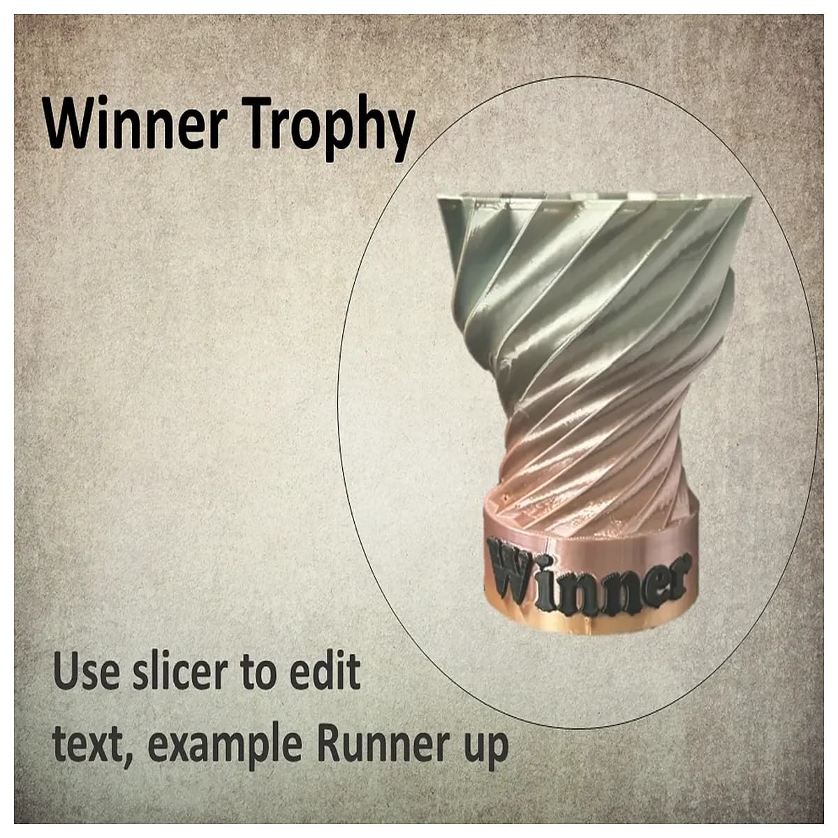 spiral trophy cup winner award gold plastic custom engraving competition prize ceremony