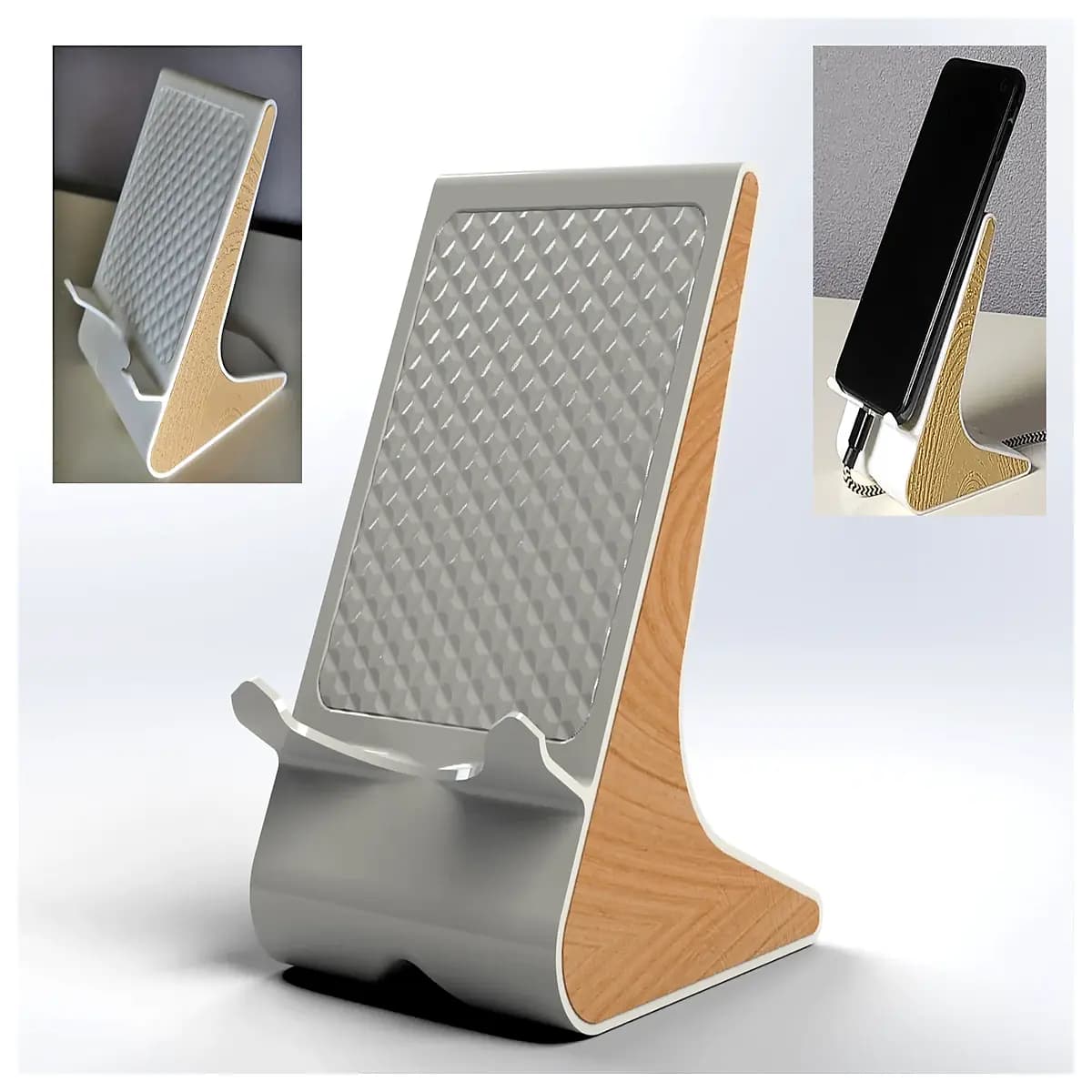 wood grain phone desktop holder for tablet charging dock rustic wood look organizer