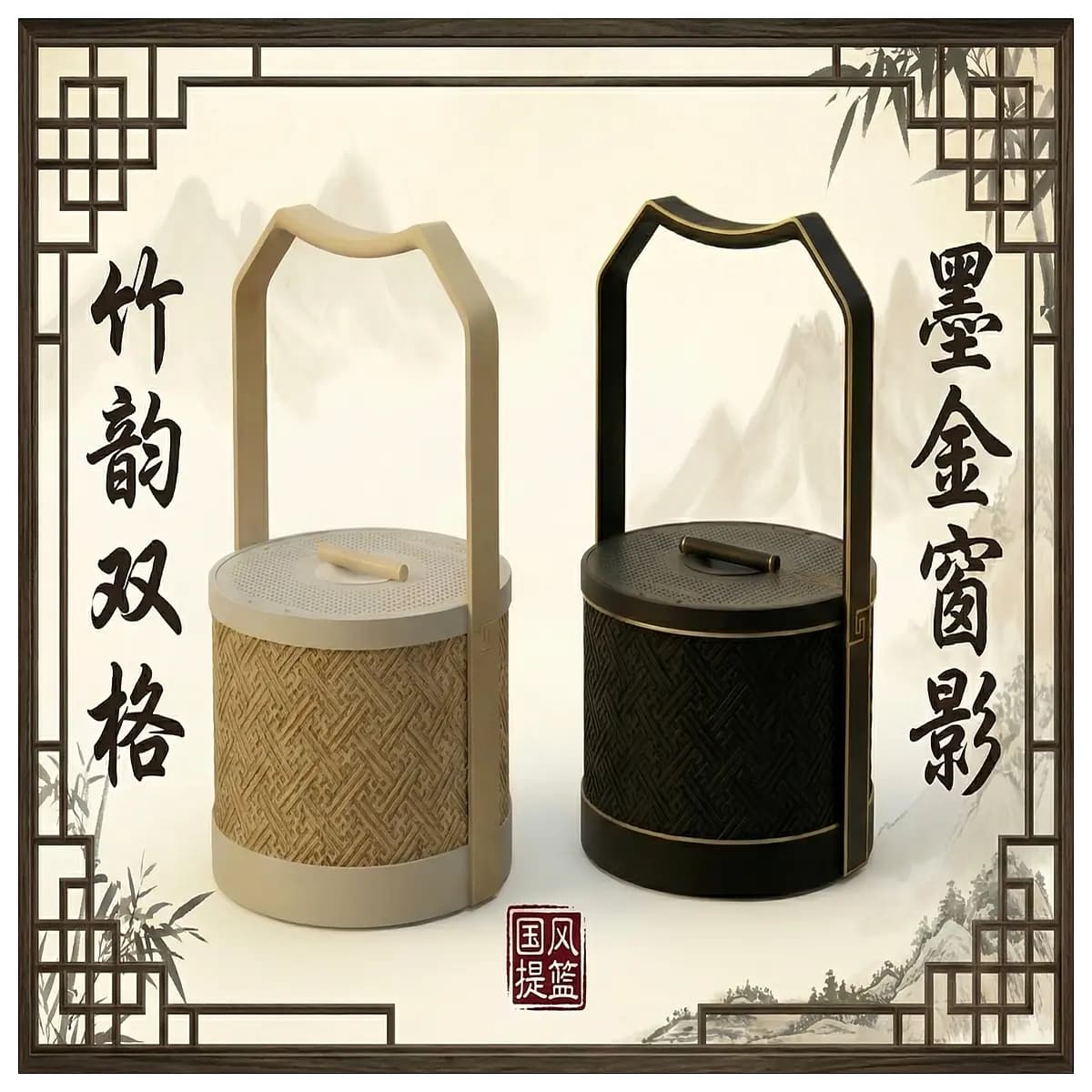 chinese style basket double compartment ink gold window shadow traditional decor vintage storage organizer