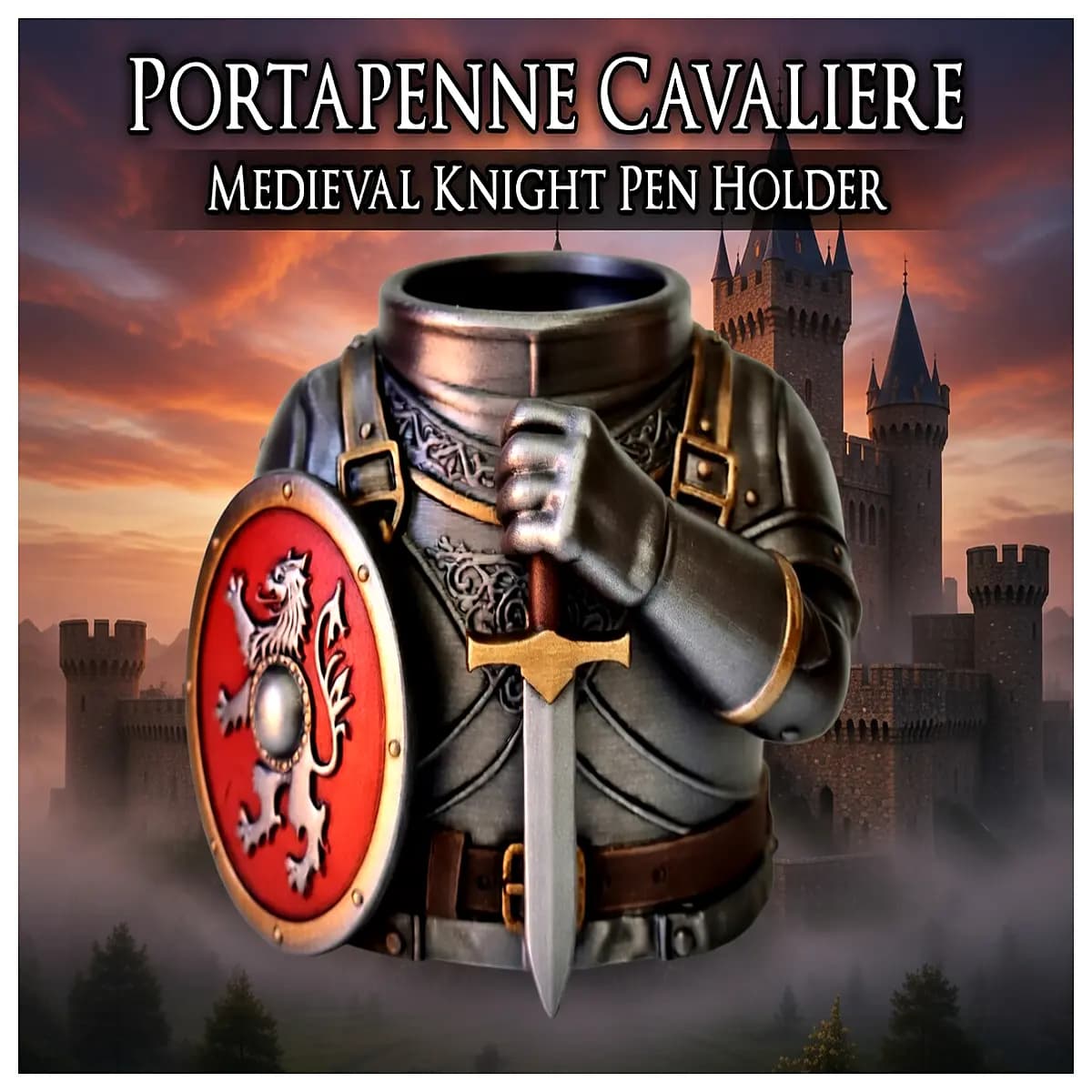 medieval knight pen holder desk organizer fantasy squire storage men retro office supplies vintage knightly decor