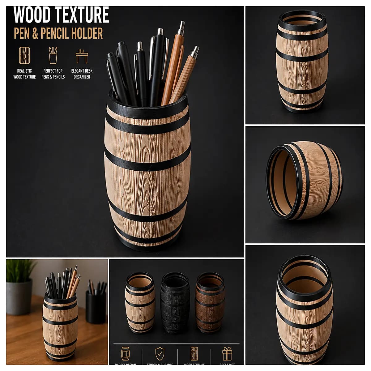 realistic wooden barrel pen holder desk organizer rustic wood grain pencil cup office decor storage container