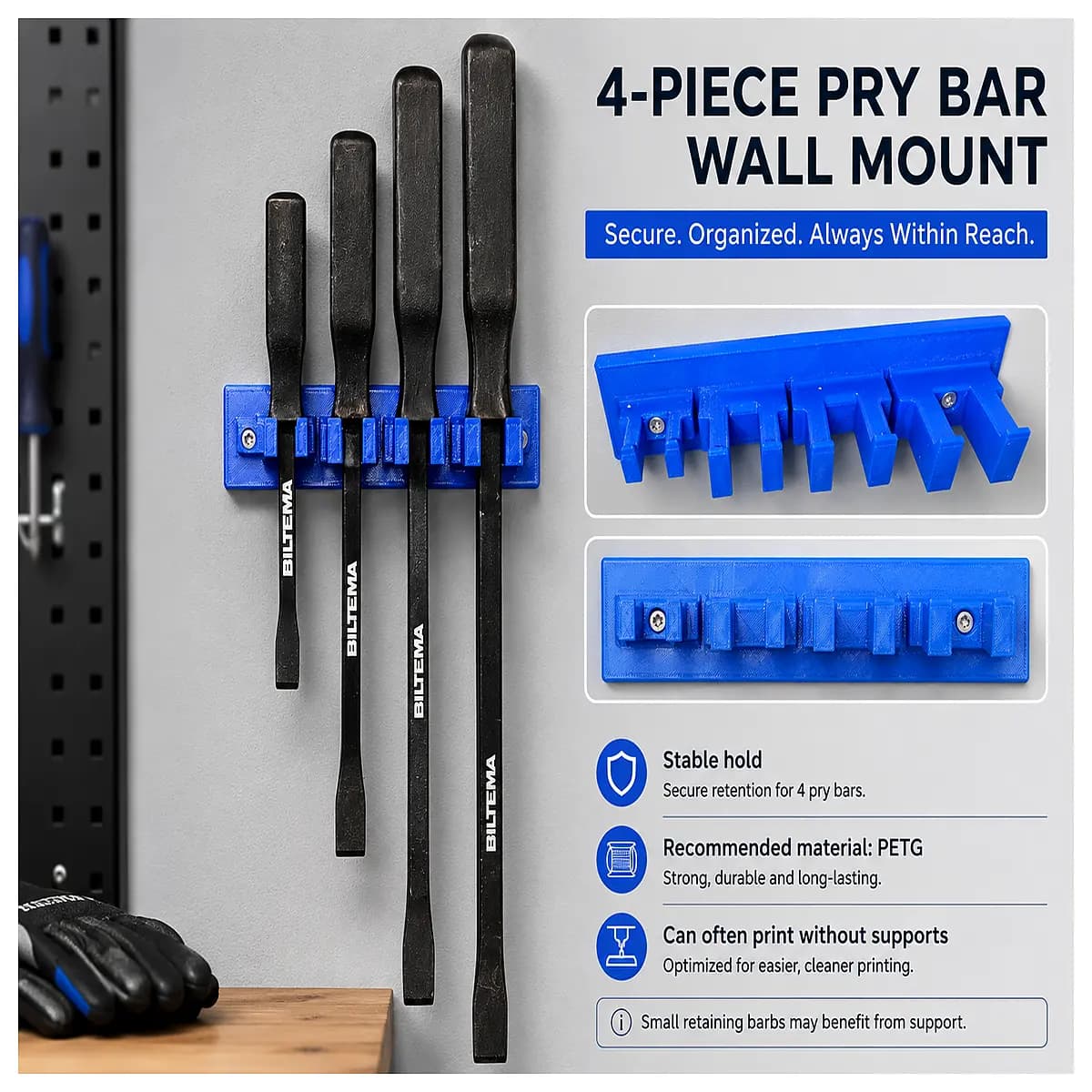 duty pry bar wall mount holder rack storage organizer for garage workshop tool organization