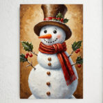 Hand-Painted Vintage Snowman Wall Art - Framed Canvas Winter with Distressed White Frame, Red Scarf & Holly Snowman, Easy-Hang Vertical/Horizontal Decor for Christmas, Valentine's, Easter - Antique-Inspired Hand-Painted Look