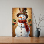 Hand-Painted Vintage Snowman Wall Art - Framed Canvas Winter with Distressed White Frame, Red Scarf & Holly Snowman, Easy-Hang Vertical/Horizontal Decor for Christmas, Valentine's, Easter - Antique-Inspired Hand-Painted Look