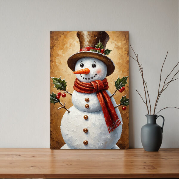 Hand-Painted Vintage Snowman Wall Art - Framed Canvas Winter with Distressed White Frame, Red Scarf & Holly Snowman, Easy-Hang Vertical/Horizontal Decor for Christmas, Valentine's, Easter - Antique-Inspired Hand-Painted Look