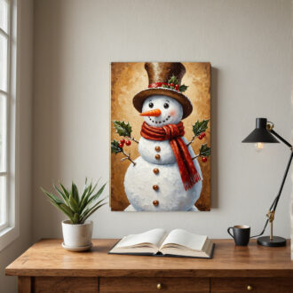 Hand-Painted Vintage Snowman Wall Art - Framed Canvas Winter with Distressed White Frame, Red Scarf & Holly Snowman, Easy-Hang Vertical/Horizontal Decor for Christmas, Valentine's, Easter - Antique-Inspired Hand-Painted Look