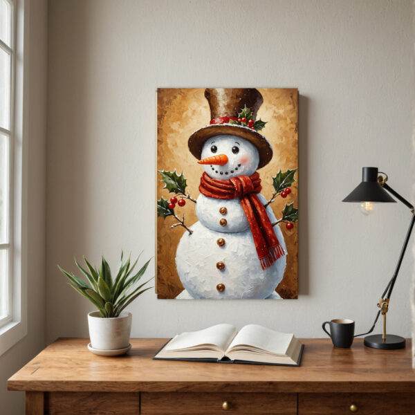 Hand-Painted Vintage Snowman Wall Art - Framed Canvas Winter with Distressed White Frame, Red Scarf & Holly Snowman, Easy-Hang Vertical/Horizontal Decor for Christmas, Valentine's, Easter - Antique-Inspired Hand-Painted Look