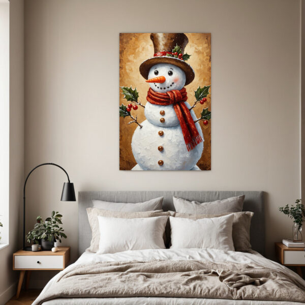 Hand-Painted Vintage Snowman Wall Art - Framed Canvas Winter with Distressed White Frame, Red Scarf & Holly Snowman, Easy-Hang Vertical/Horizontal Decor for Christmas, Valentine's, Easter - Antique-Inspired Hand-Painted Look
