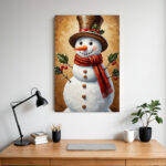 Hand-Painted Vintage Snowman Wall Art - Framed Canvas Winter with Distressed White Frame, Red Scarf & Holly Snowman, Easy-Hang Vertical/Horizontal Decor for Christmas, Valentine's, Easter - Antique-Inspired Hand-Painted Look