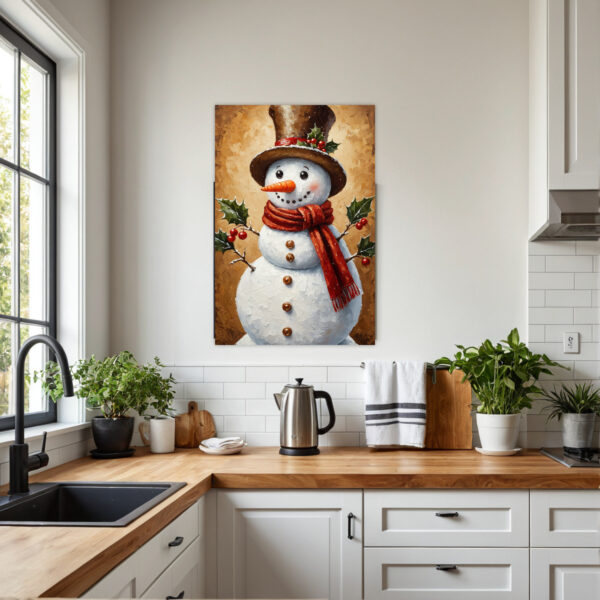 Hand-Painted Vintage Snowman Wall Art - Framed Canvas Winter with Distressed White Frame, Red Scarf & Holly Snowman, Easy-Hang Vertical/Horizontal Decor for Christmas, Valentine's, Easter - Antique-Inspired Hand-Painted Look