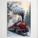 Red Christmas Train Canvas Painting - Frameless Vertical Winter Snowy Landscape Art with Locomotive & Steam Locomotive, Easy-Hang Wrapped Canvas for Living Room, Bedroom - Cozy Holiday Home Decor, Christmas Gift