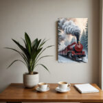Red Christmas Train Canvas Painting - Frameless Vertical Winter Snowy Landscape Art with Locomotive & Steam Locomotive, Easy-Hang Wrapped Canvas for Living Room, Bedroom - Cozy Holiday Home Decor, Christmas Gift