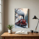 Red Christmas Train Canvas Painting - Frameless Vertical Winter Snowy Landscape Art with Locomotive & Steam Locomotive, Easy-Hang Wrapped Canvas for Living Room, Bedroom - Cozy Holiday Home Decor, Christmas Gift