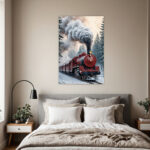 Red Christmas Train Canvas Painting - Frameless Vertical Winter Snowy Landscape Art with Locomotive & Steam Locomotive, Easy-Hang Wrapped Canvas for Living Room, Bedroom - Cozy Holiday Home Decor, Christmas Gift