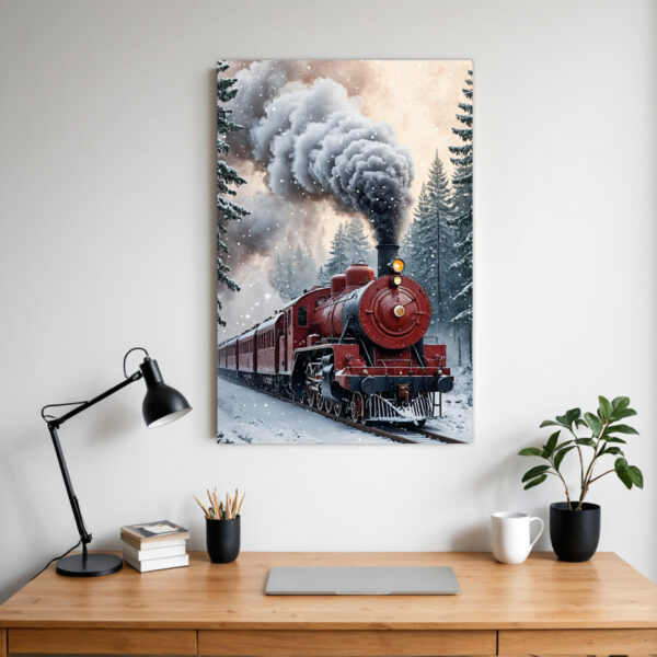 Red Christmas Train Canvas Painting - Frameless Vertical Winter Snowy Landscape Art with Locomotive & Steam Locomotive, Easy-Hang Wrapped Canvas for Living Room, Bedroom - Cozy Holiday Home Decor, Christmas Gift