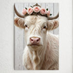 Scottish Highland Cow Wall Art with Floral Wreath - White Bull Cow on Wrapped Canvas Frame, Vertical Hanging Hook for Farmhouse, Rustic Scottish Decor - Pink & Golden Accent Cowhide-like Texture, Year-Round Gift for Home & Office