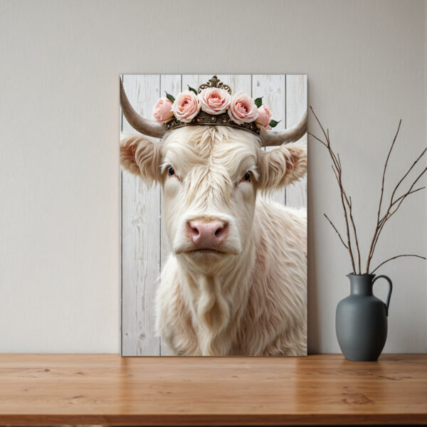 Scottish Highland Cow Wall Art with Floral Wreath - White Bull Cow on Wrapped Canvas Frame, Vertical Hanging Hook for Farmhouse, Rustic Scottish Decor - Pink & Golden Accent Cowhide-like Texture, Year-Round Gift for Home & Office