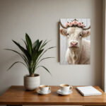 Scottish Highland Cow Wall Art with Floral Wreath - White Bull Cow on Wrapped Canvas Frame, Vertical Hanging Hook for Farmhouse, Rustic Scottish Decor - Pink & Golden Accent Cowhide-like Texture, Year-Round Gift for Home & Office