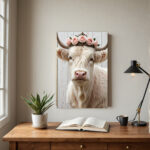 Scottish Highland Cow Wall Art with Floral Wreath - White Bull Cow on Wrapped Canvas Frame, Vertical Hanging Hook for Farmhouse, Rustic Scottish Decor - Pink & Golden Accent Cowhide-like Texture, Year-Round Gift for Home & Office
