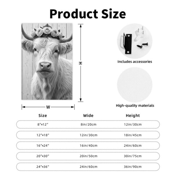 Scottish Highland Cow Wall Art with Floral Wreath - White Bull Cow on Wrapped Canvas Frame, Vertical Hanging Hook for Farmhouse, Rustic Scottish Decor - Pink & Golden Accent Cowhide-like Texture, Year-Round Gift for Home & Office