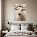 Scottish Highland Cow Wall Art with Floral Wreath - White Bull Cow on Wrapped Canvas Frame, Vertical Hanging Hook for Farmhouse, Rustic Scottish Decor - Pink & Golden Accent Cowhide-like Texture, Year-Round Gift for Home & Office