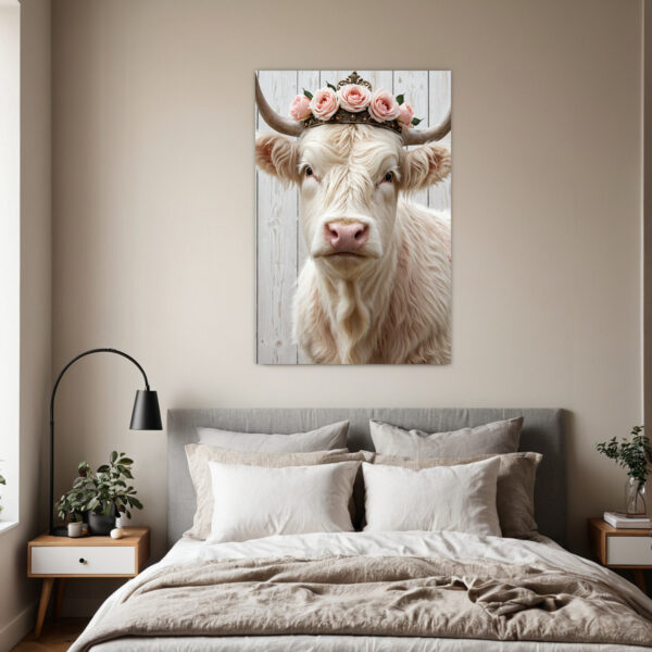 Scottish Highland Cow Wall Art with Floral Wreath - White Bull Cow on Wrapped Canvas Frame, Vertical Hanging Hook for Farmhouse, Rustic Scottish Decor - Pink & Golden Accent Cowhide-like Texture, Year-Round Gift for Home & Office