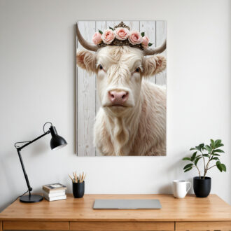 Scottish Highland Cow Wall Art with Floral Wreath - White Bull Cow on Wrapped Canvas Frame, Vertical Hanging Hook for Farmhouse, Rustic Scottish Decor - Pink & Golden Accent Cowhide-like Texture, Year-Round Gift for Home & Office