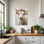 Scottish Highland Cow Wall Art with Floral Wreath - White Bull Cow on Wrapped Canvas Frame, Vertical Hanging Hook for Farmhouse, Rustic Scottish Decor - Pink & Golden Accent Cowhide-like Texture, Year-Round Gift for Home & Office