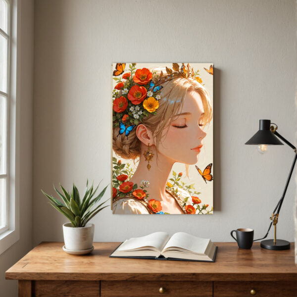 2D Flat, Create a charming and inspiring atmosphere with this exquisite 2D Inspirational Reading Girl with Flowers and Books Print Painting. This unframed decorative fun canvas wall art is ideal for home decor, perfectly suited for the bedroom