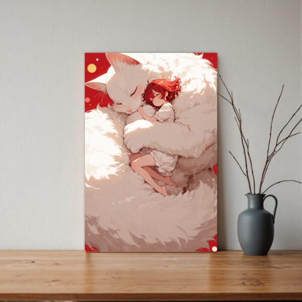 Tender White Cat Hugging Girl Canvas Print - Vertical Wall Art with Wrapped Frame, Advanced Giclee Printing Technology, Vibrant Colors & Fine Details, Heartwarming Cat & Painting for Nursery, Living Room, Bedroom, Office Decor - All-Season Home Gift