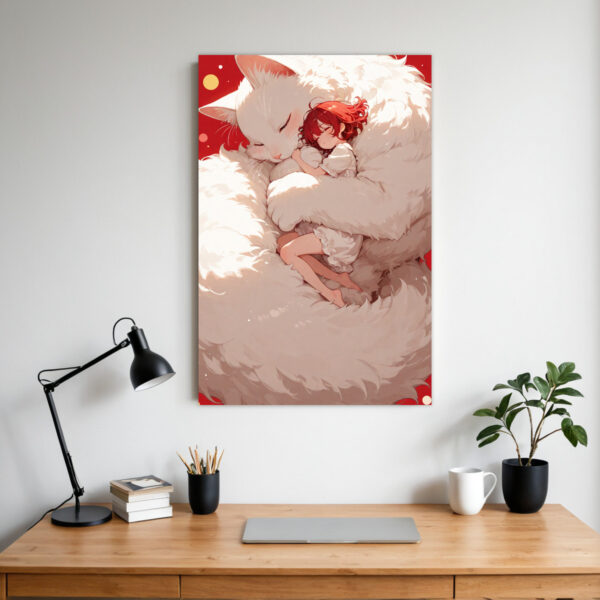 Tender White Cat Hugging Girl Canvas Print - Vertical Wall Art with Wrapped Frame, Advanced Giclee Printing Technology, Vibrant Colors & Fine Details, Heartwarming Cat & Painting for Nursery, Living Room, Bedroom, Office Decor - All-Season Home Gift